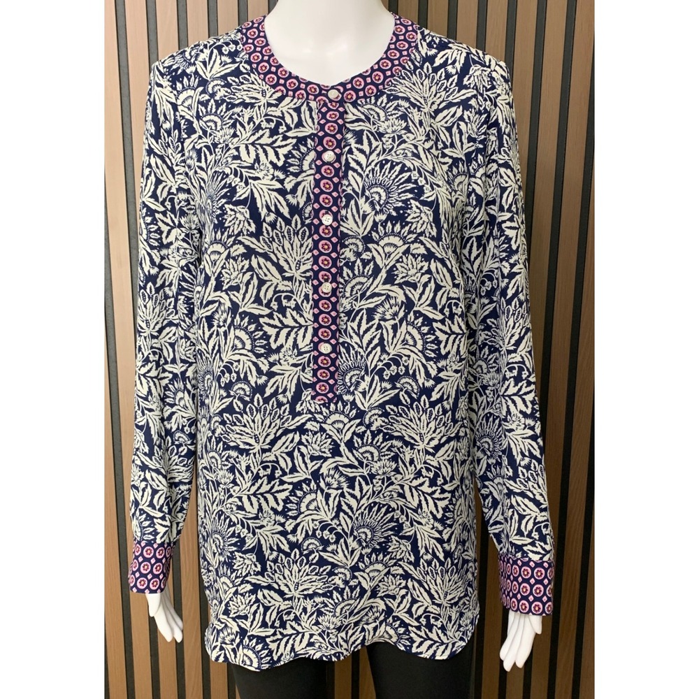 Talbots Womens Navy Blue White Floral Henley Tunic Blouse M